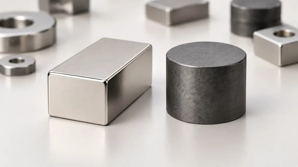 A silver rectangular magnet and a dark cylindrical magnet displayed side by side on a light studio surface.