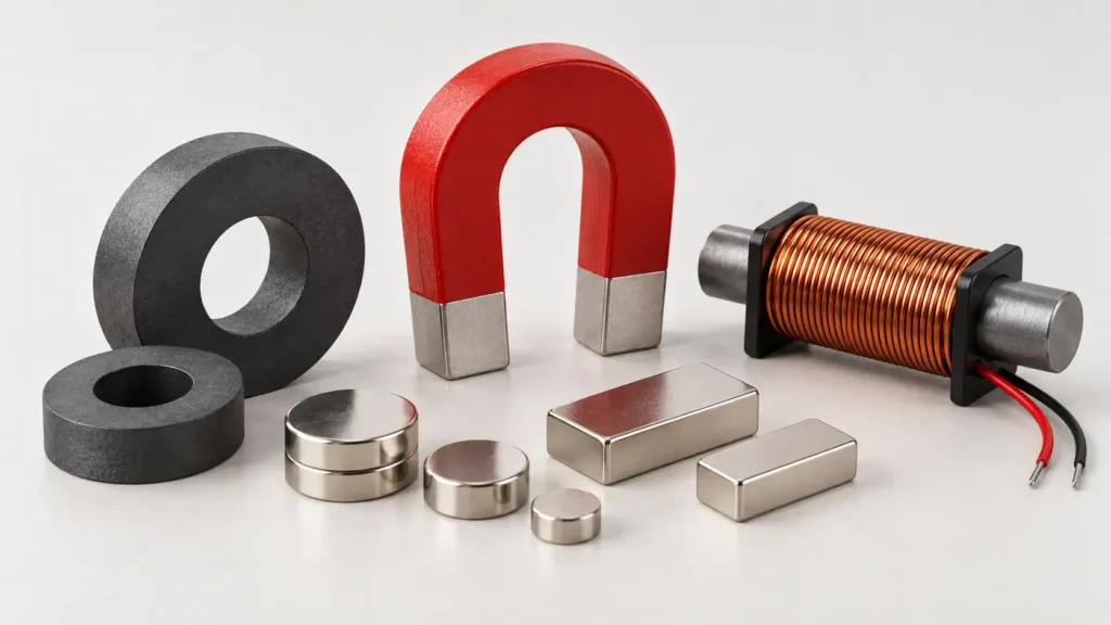 Disc, block, ring, and horseshoe magnets arranged beside a copper-coil electromagnet.